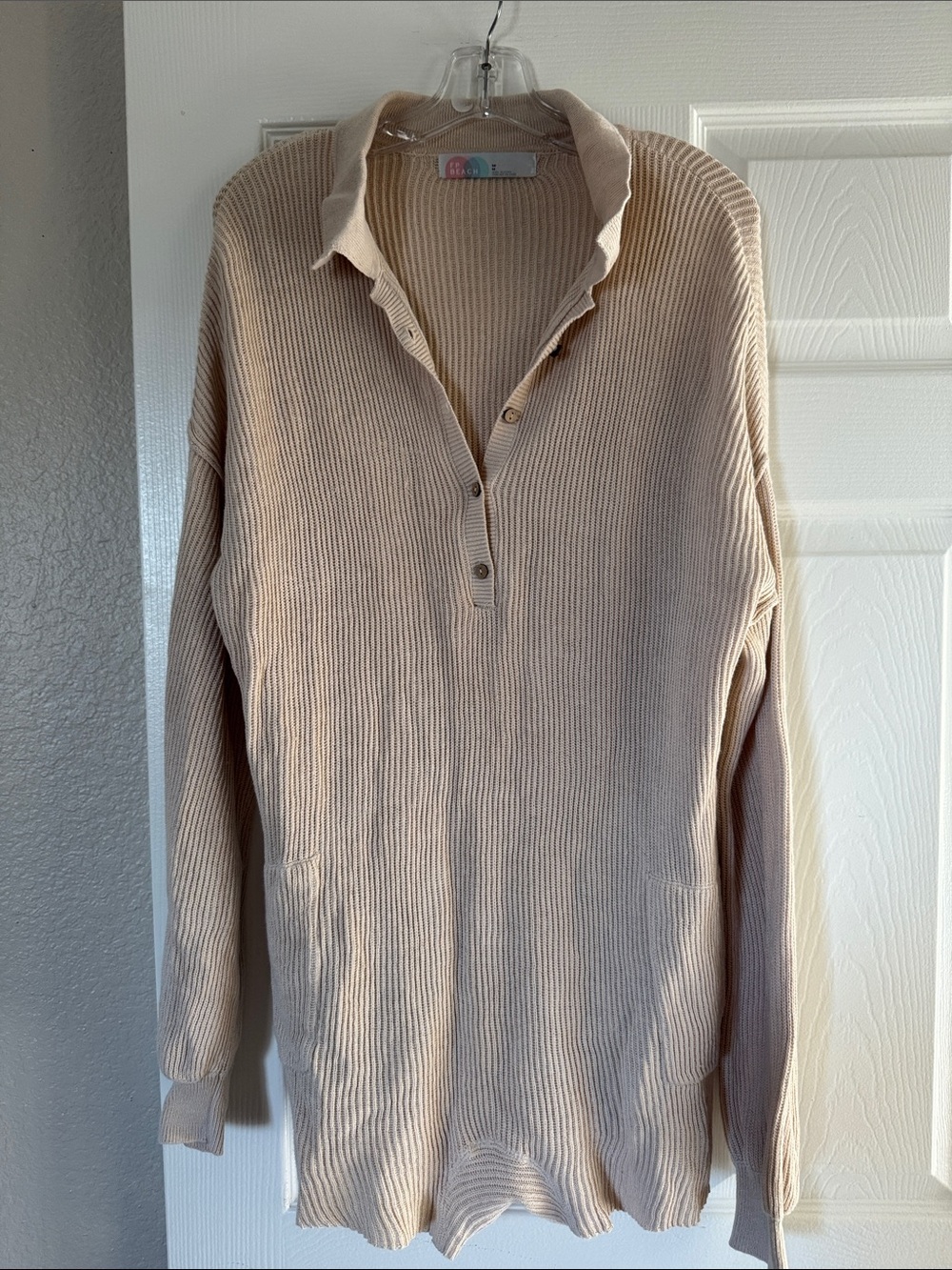 Beige Ribbed Collared Knit Romper